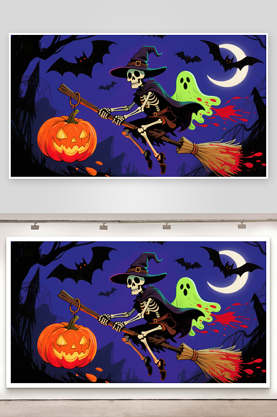 万圣节骷髅巫师骑扫帚-众图网