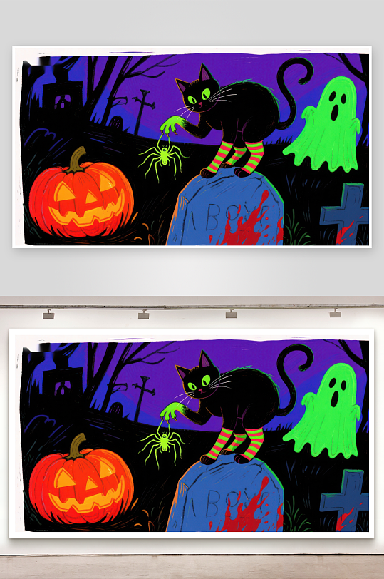 万圣节夜景黑猫与幽灵-众图网