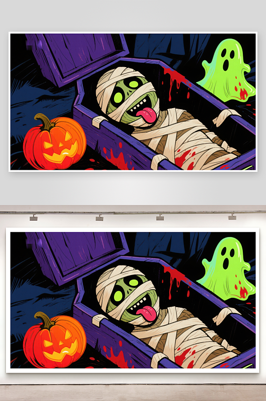 木乃伊在棺材中吐舌头旁边有南瓜灯和幽灵-众图网