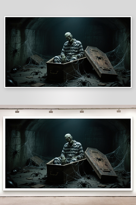 阴暗地窖中的僵尸与破旧棺材-众图网