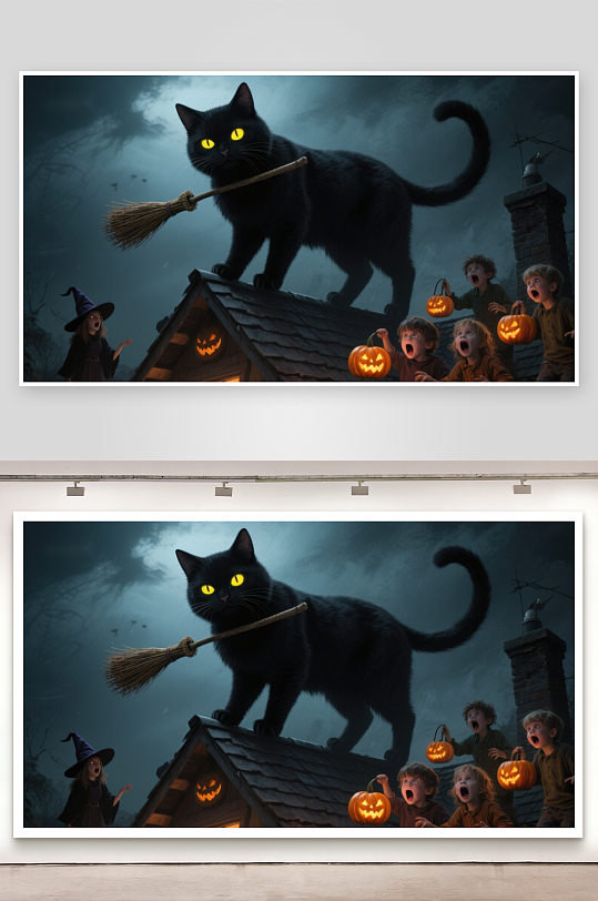 黑猫屋顶骑扫帚孩童南瓜灯惊呼-众图网