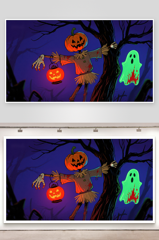 万圣节南瓜灯稻草人与幽灵-众图网