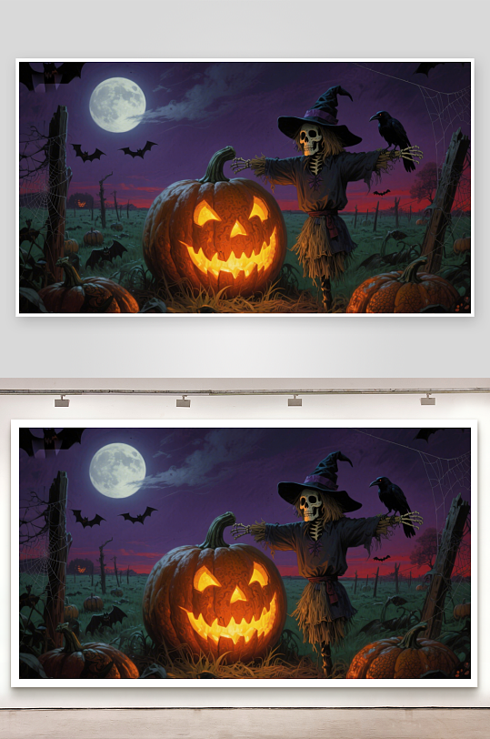 万圣节南瓜灯与骷髅稻草人-众图网