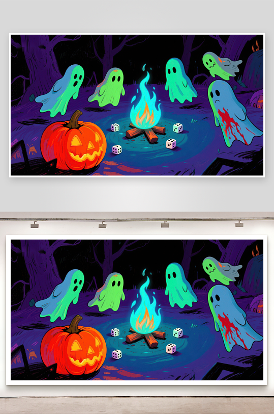 幽灵围篝火南瓜灯相伴-众图网