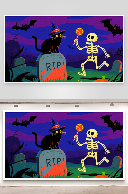 万圣夜猫与骷髅的欢乐场景-众图网