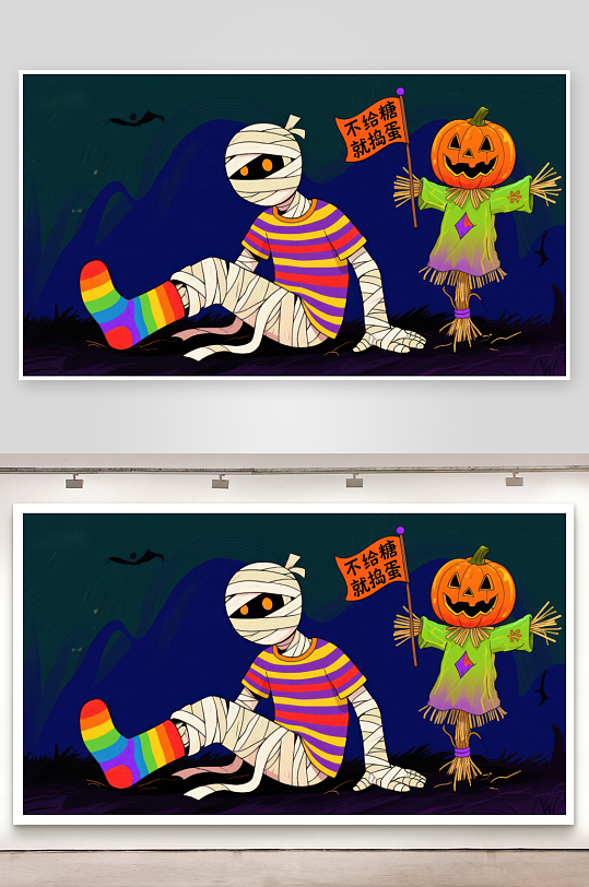 万圣节木乃伊与南瓜灯的趣味场景-众图网