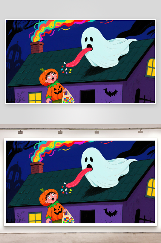 鬼魂从烟囱吐糖果给南瓜灯小孩-众图网