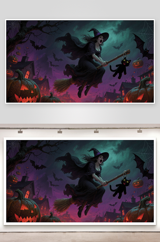 万圣夜女巫骑扫帚飞过南瓜灯小镇-众图网
