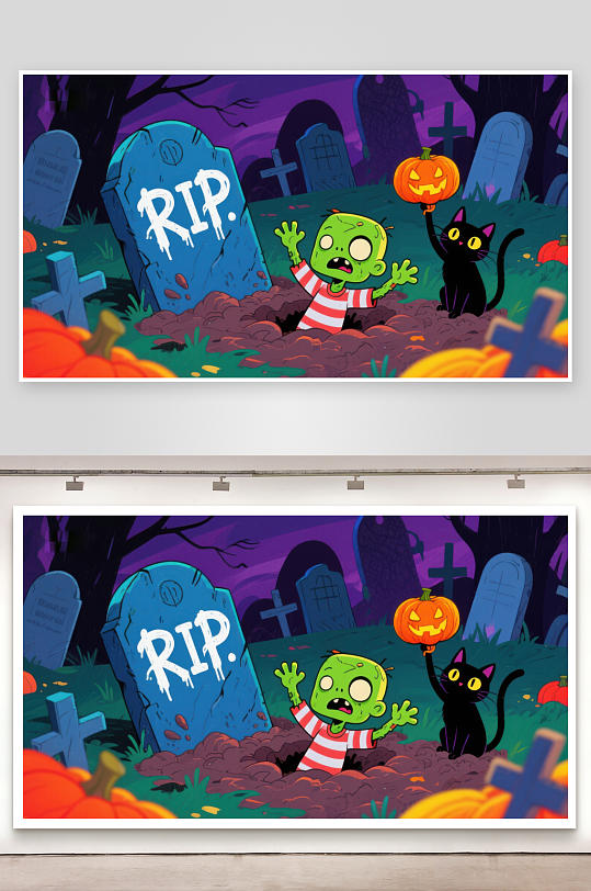 万圣节墓地里的僵尸与黑猫-众图网