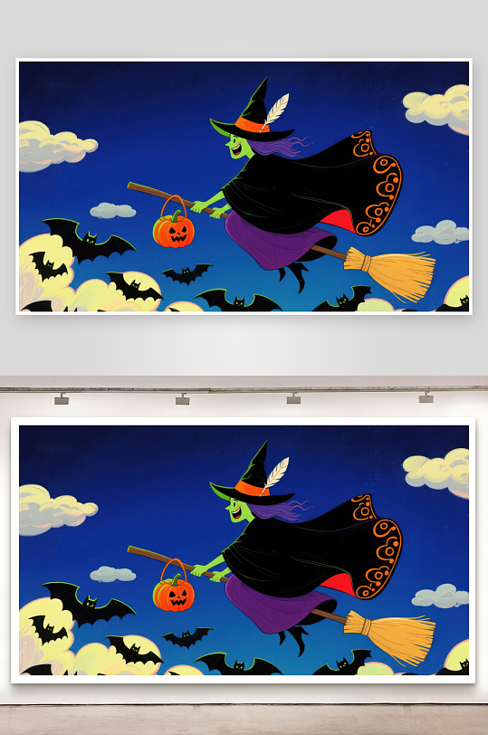 万圣节女巫骑扫帚夜空飞翔-众图网