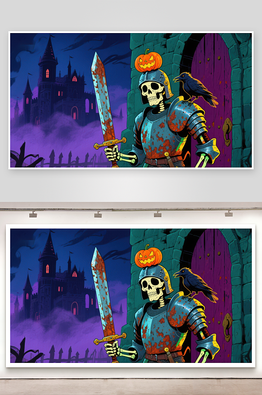 骷髅骑士持剑守门南瓜灯城堡夜景-众图网