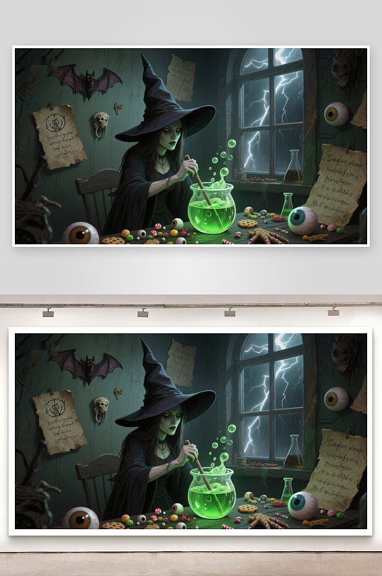 女巫在实验室中调配魔法药剂-众图网