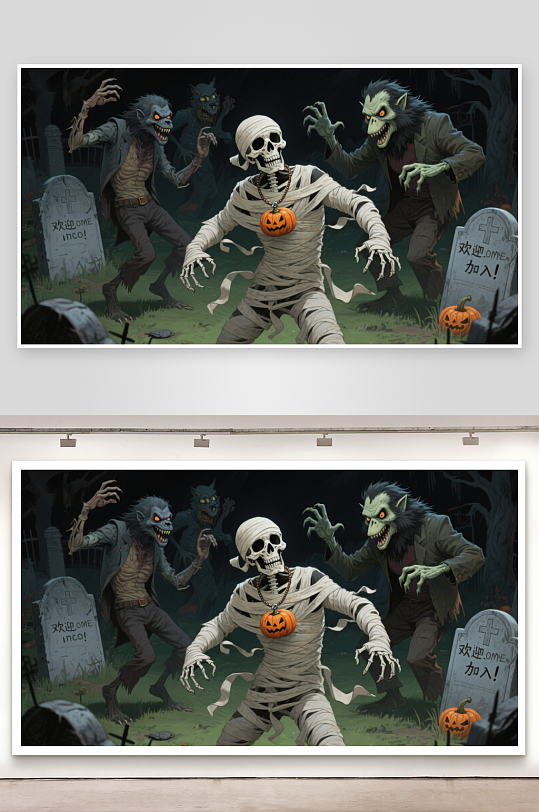 万圣节墓地骷髅与狼人-众图网