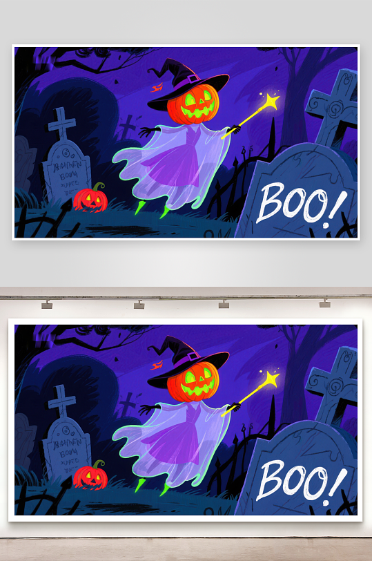 万圣节南瓜幽灵在墓地飘浮-众图网