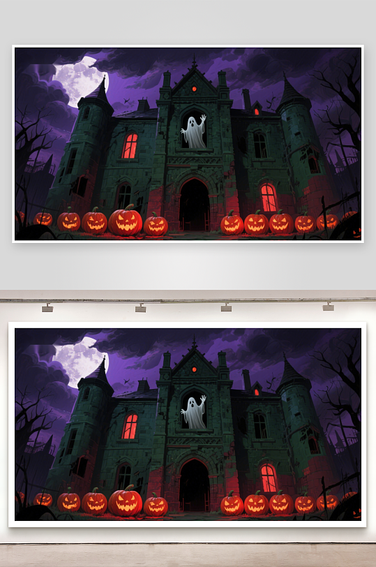 幽灵古堡夜景南瓜灯环绕-众图网