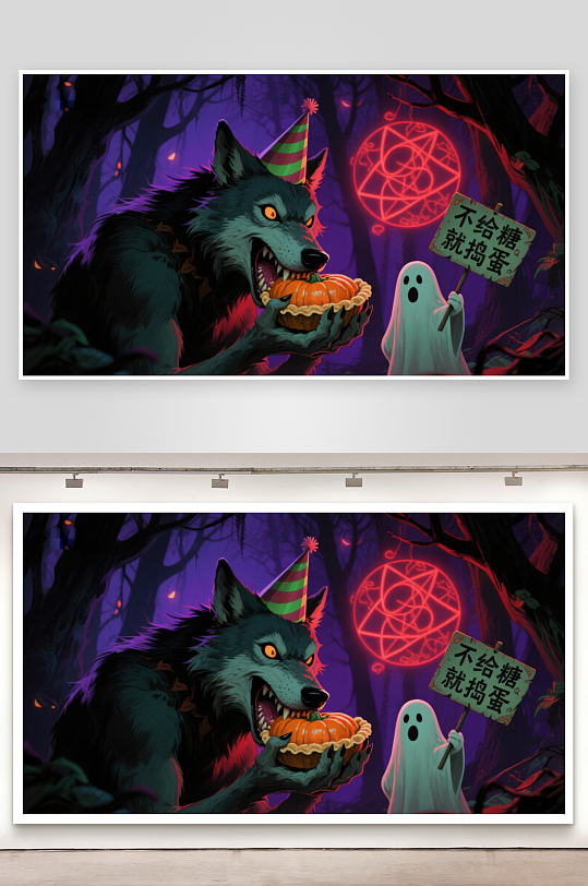 狼人手持南瓜灯幽灵相伴森林夜景-众图网