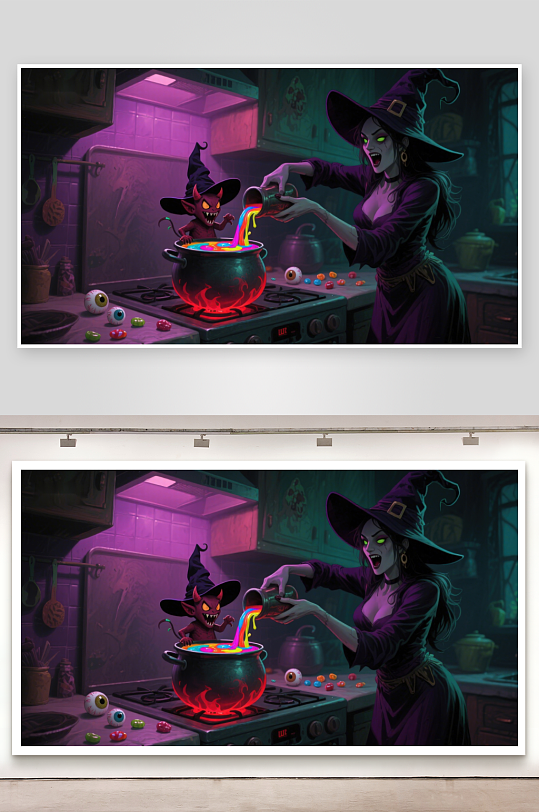 女巫与小恶魔在厨房炼制魔法药水-众图网