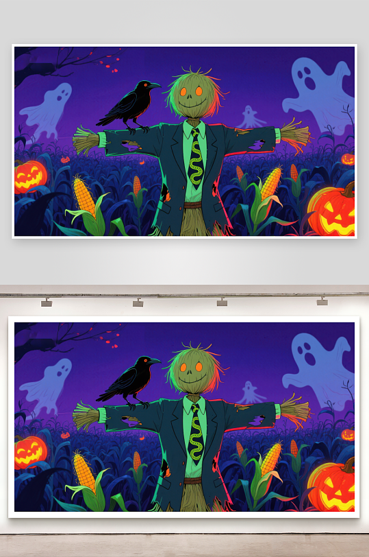 万圣节稻草人与幽灵的夜景-众图网