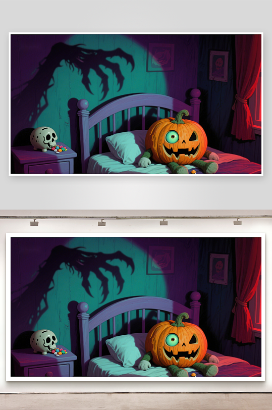 南瓜灯在床头的万圣节夜晚-众图网