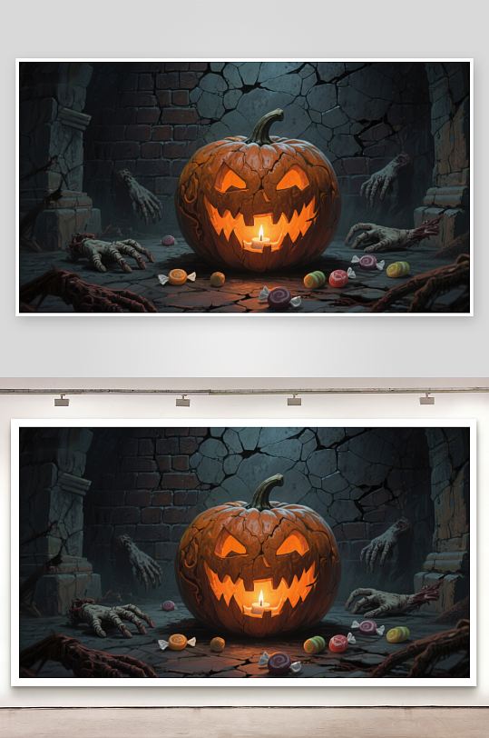 万圣节南瓜灯与僵尸手臂的恐怖场景-众图网