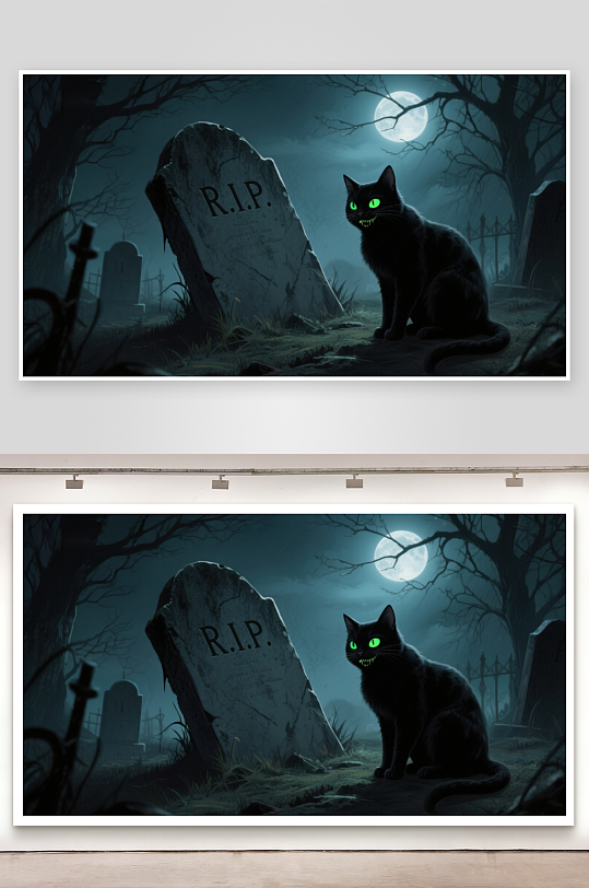 月夜墓地黑猫守望-众图网