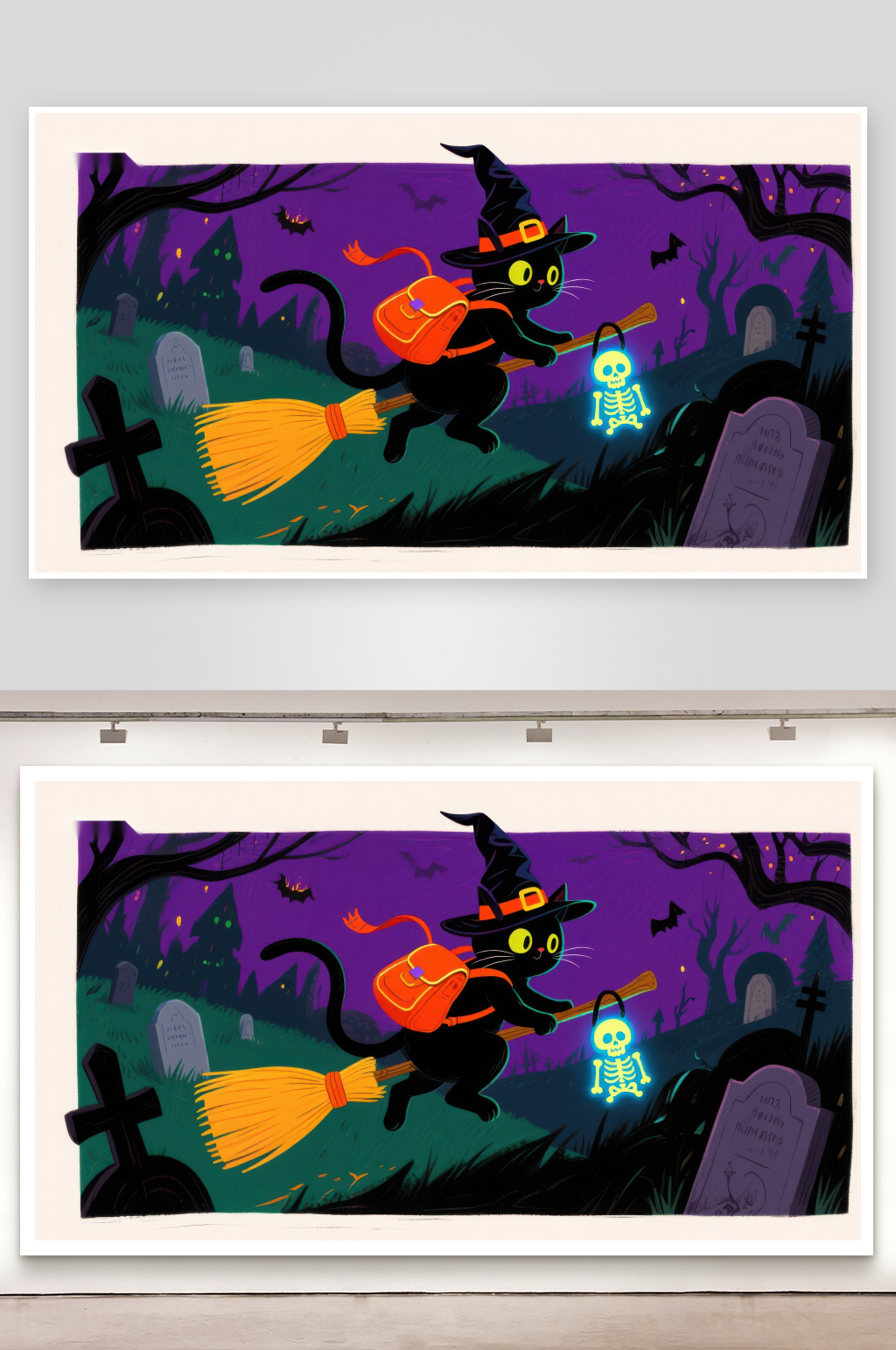 万圣夜猫巫师飞过墓地素材