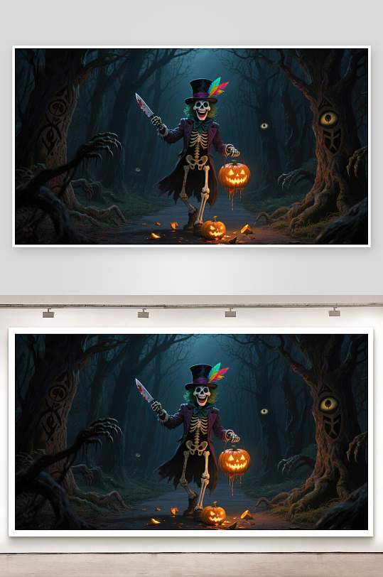 骷髅巫师在幽暗森林中手持南瓜灯-众图网