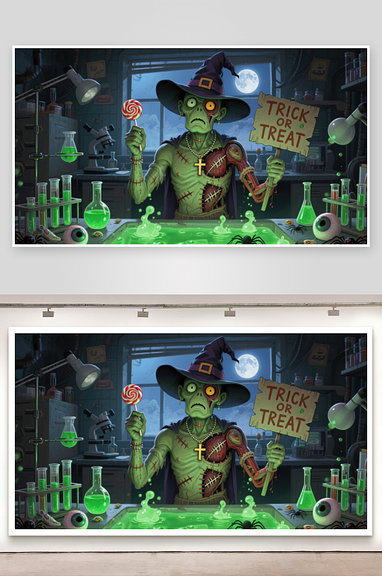 万圣节僵尸手持糖果和牌子-众图网