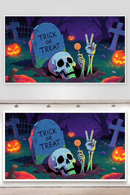 万圣节墓地骷髅手拿糖果-众图网