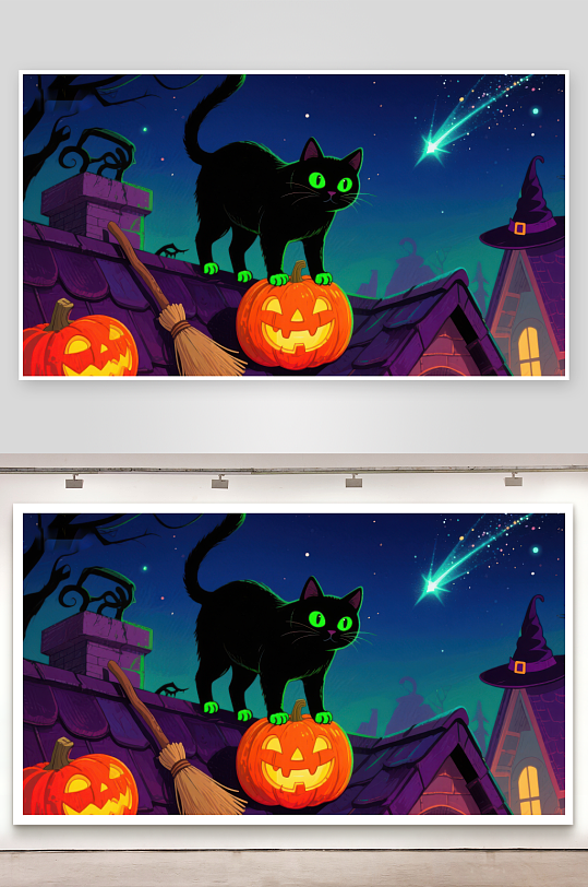 黑猫屋顶南瓜灯万圣夜景-众图网