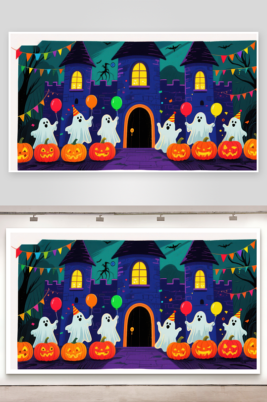 万圣节城堡前的幽灵派对-众图网