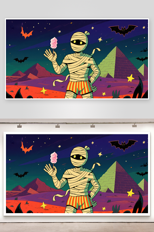 木乃伊手持棉花糖金字塔夜景-众图网