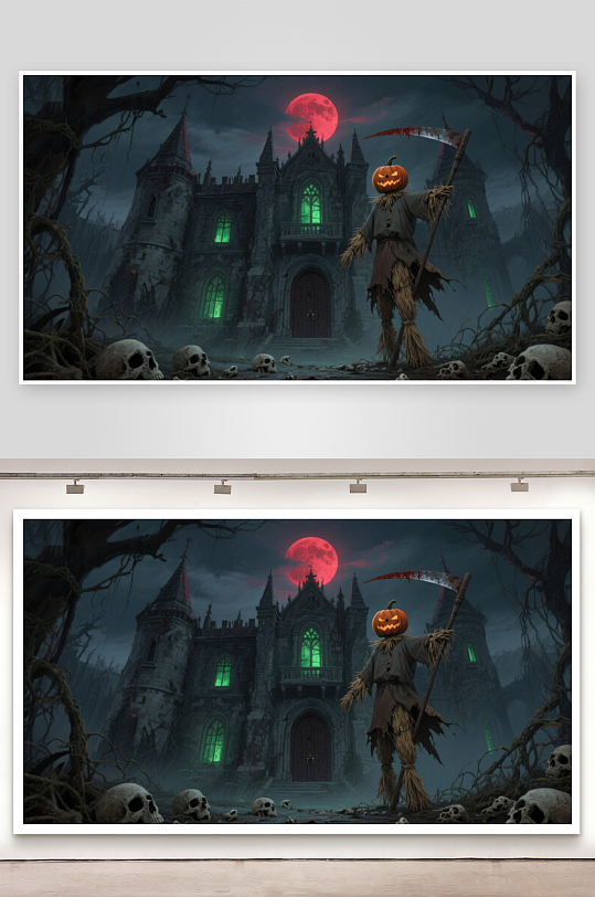 万圣夜的恐怖城堡与稻草人-众图网
