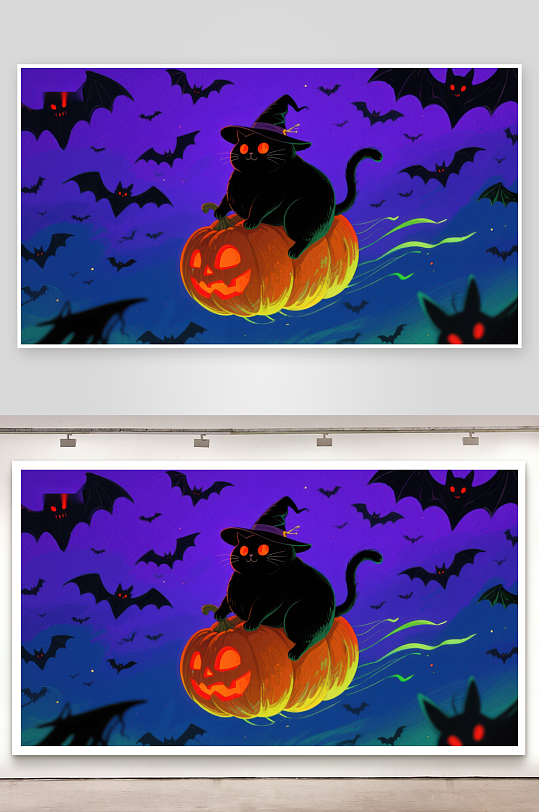黑猫骑南瓜穿梭夜空蝙蝠群-众图网