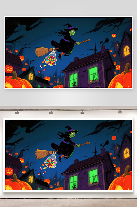 万圣夜女巫骑扫帚撒糖果-众图网