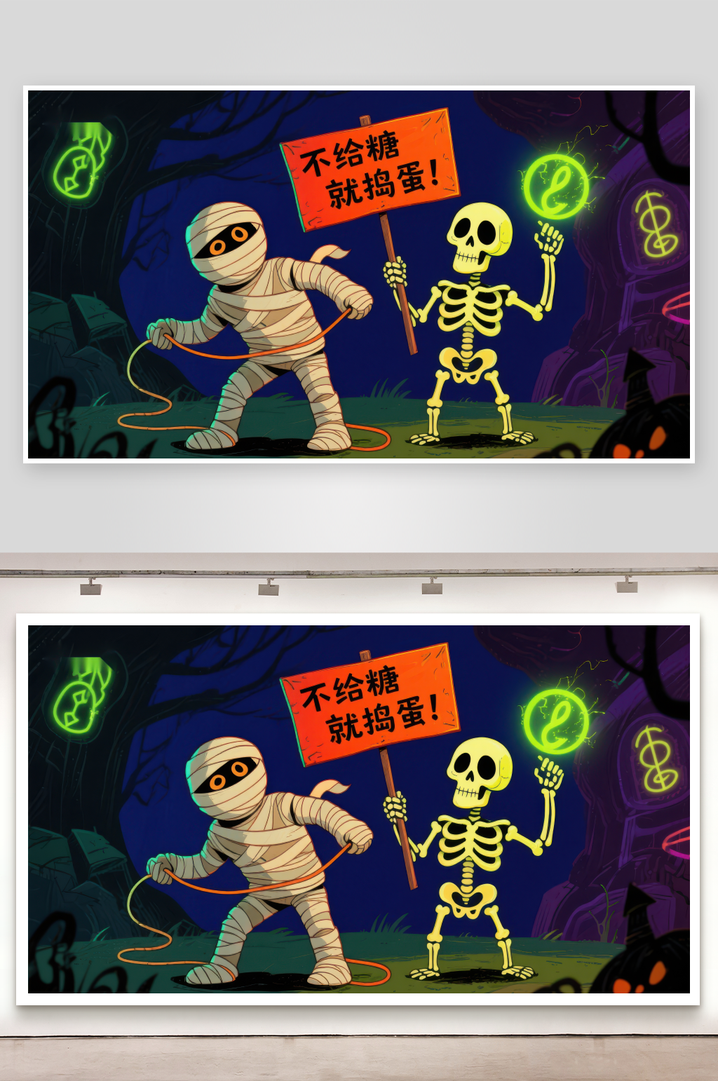 万圣节木乃伊与骷髅手持标语素材