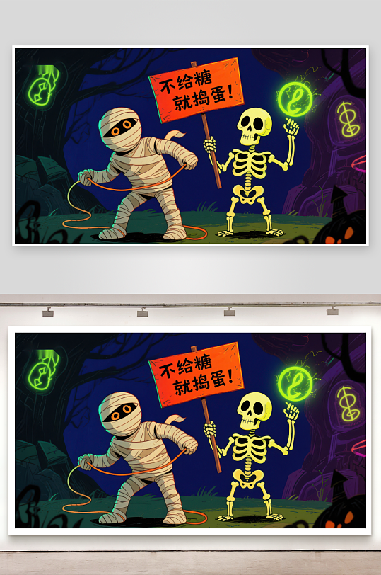 万圣节木乃伊与骷髅手持标语-众图网