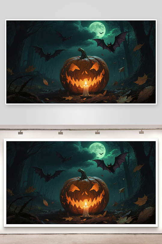 万圣节南瓜灯与夜空飞蝠-众图网