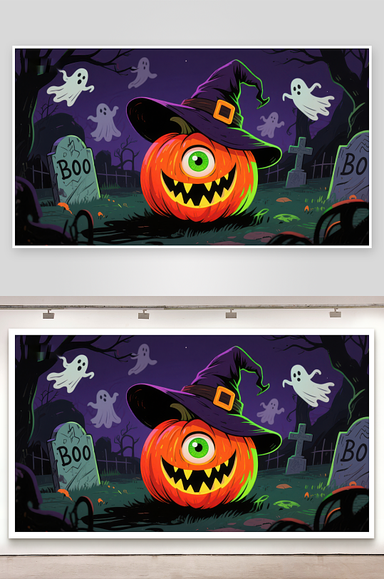 万圣节南瓜灯与幽灵墓地场景-众图网