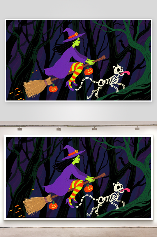 巫婆骑扫帚与骷髅狗在森林中-众图网