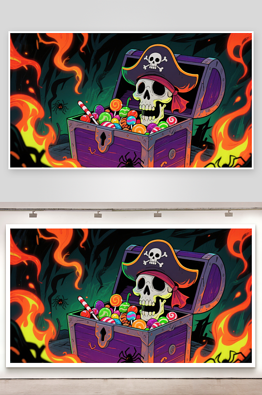 海盗宝箱满载糖果火焰环绕神秘夜景-众图网