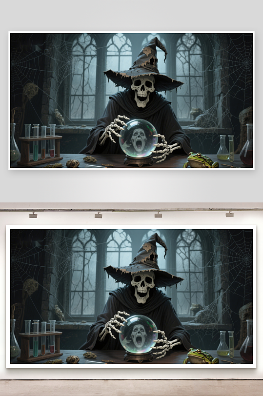 骷髅巫师凝视水晶球-众图网