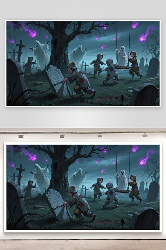 墓地夜景幽灵与孩童的奇幻游戏-众图网
