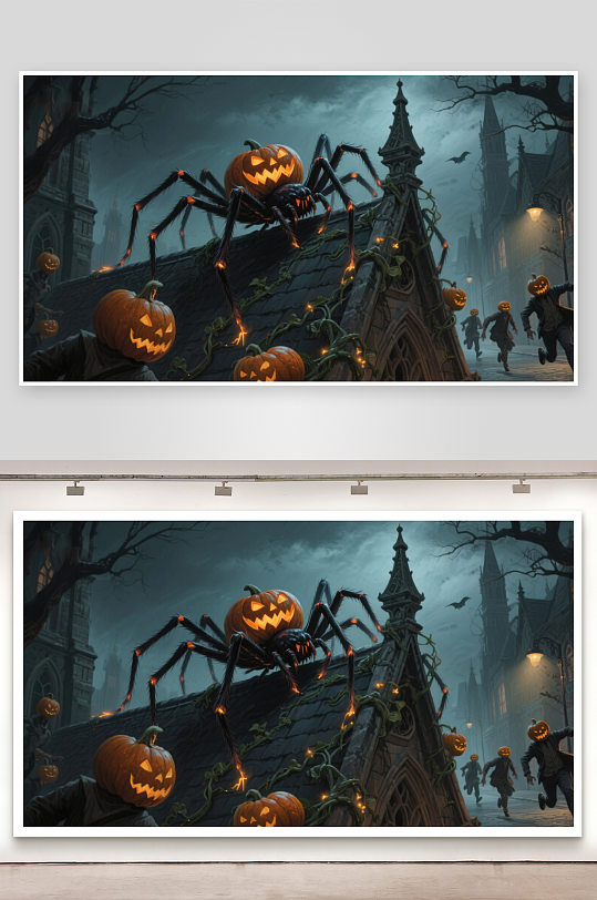 万圣节夜景南瓜蜘蛛与幽灵小镇-众图网