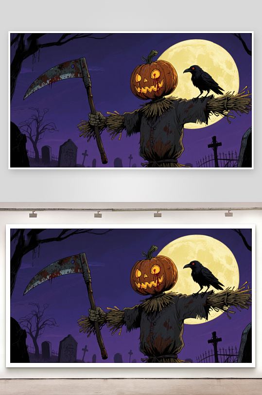 万圣节南瓜头稻草人手持镰刀-众图网