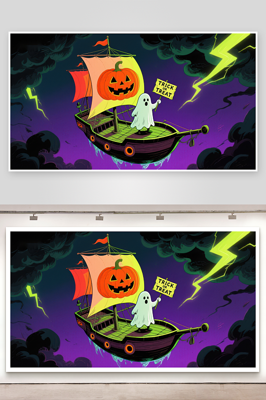 万圣节幽灵帆船夜空冒险-众图网