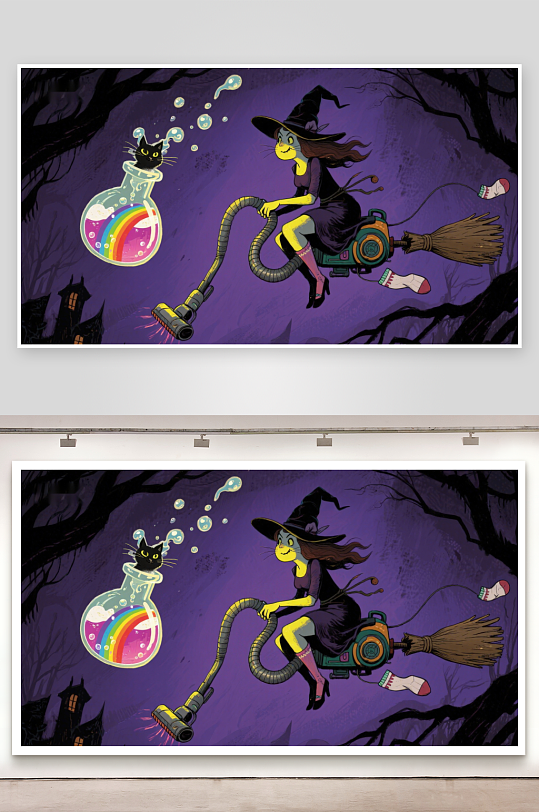 巫师骑帚飞行魔法泡泡环绕-众图网