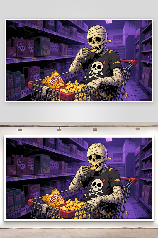 木乃伊购物车中挑选零食-众图网