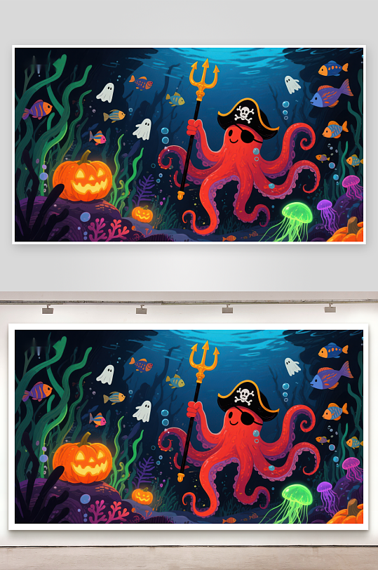 海底万圣节章鱼海盗与南瓜灯-众图网
