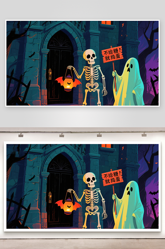 万圣节骷髅与幽灵门前讨糖-众图网